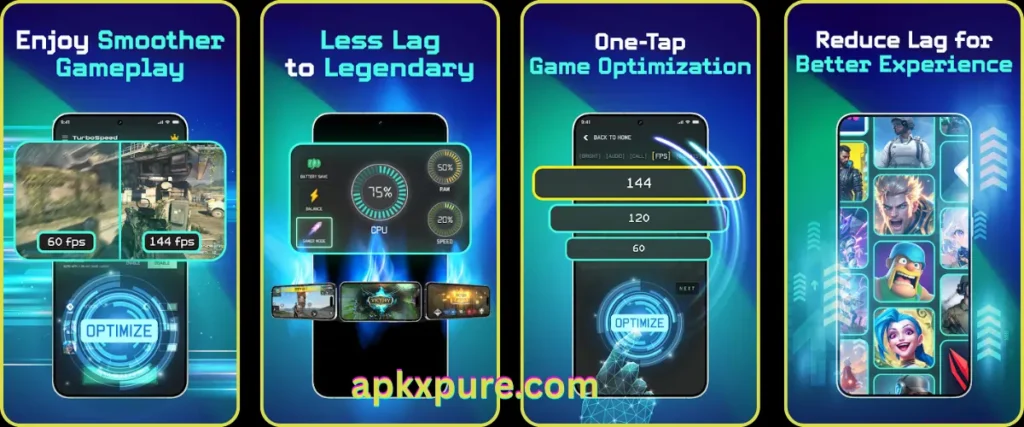 TurboSpeed APK boosting Android game performance with one-tap tools and smooth FPS display