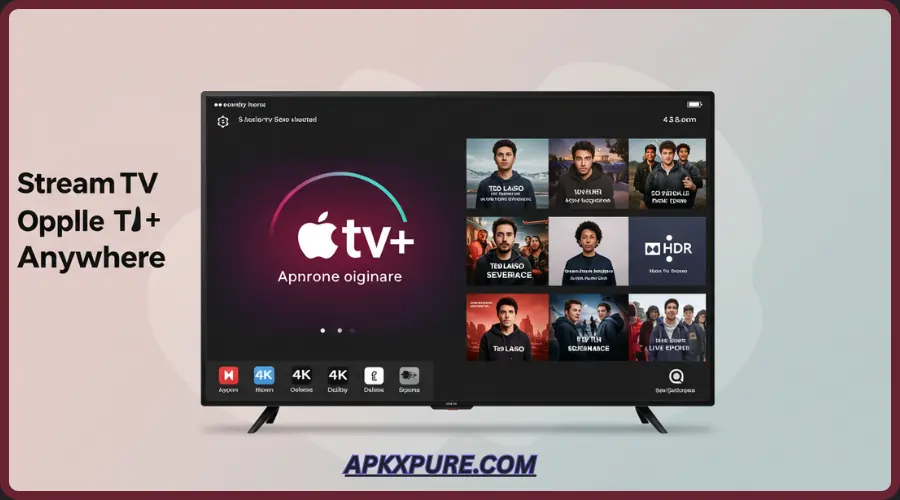Modern Apple TV APK blog banner for Android TV (2025) showing Apple TV+ logo on screen, streaming Ted Lasso and Severance, with 4K HDR, Dolby Atmos, offline download, and live sports icons, techy design with soft gradients and 'Stream Apple TV+ Anywhere | Android TV APK (2025 Edition)