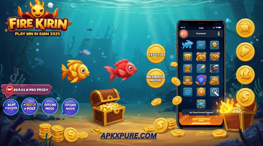 Colorful Fire Kirin APK banner showing underwater arcade scene with glowing fish, gold coins, mobile gameplay screen, and bold text promoting the 2025 Android version download.