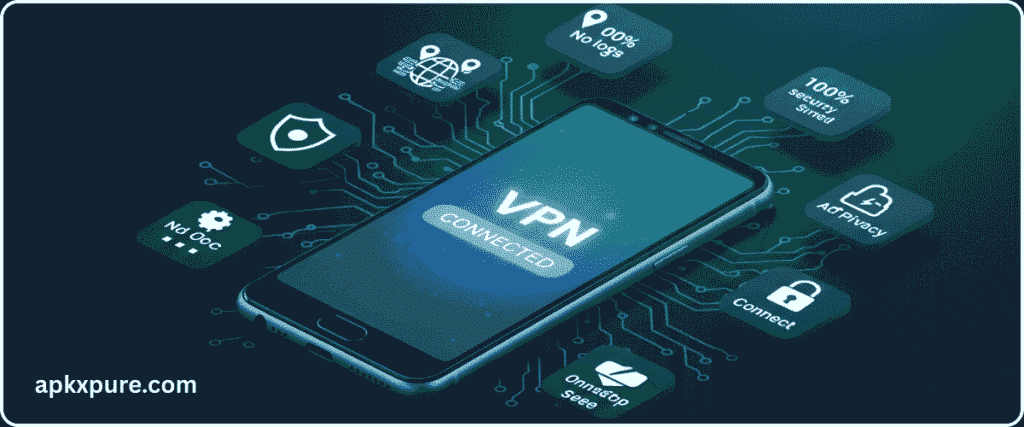 Android phone displaying Secure VPN app connected screen with icons representing security, global servers, speed, and privacy on a tech-themed blue-green background.