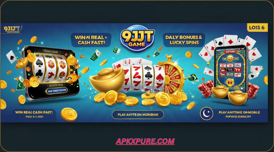Colorful 9JJJT Game banner featuring slot machines, playing cards, lucky wheel, and text promoting real cash prizes, daily bonuses, and mobile gaming