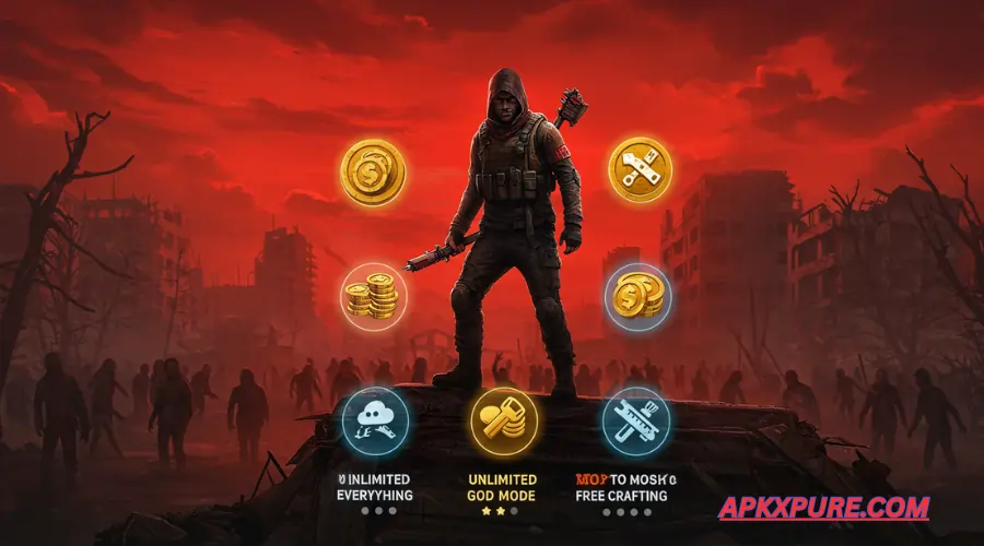 A post-apocalyptic survivor holding a weapon stands in a ruined city with a glowing MOD APK icon. Text reads “Last Day on Earth MOD APK – God Mode, Free Crafting, Unlimited Items” with a dark, intense zombie survival theme in the background.