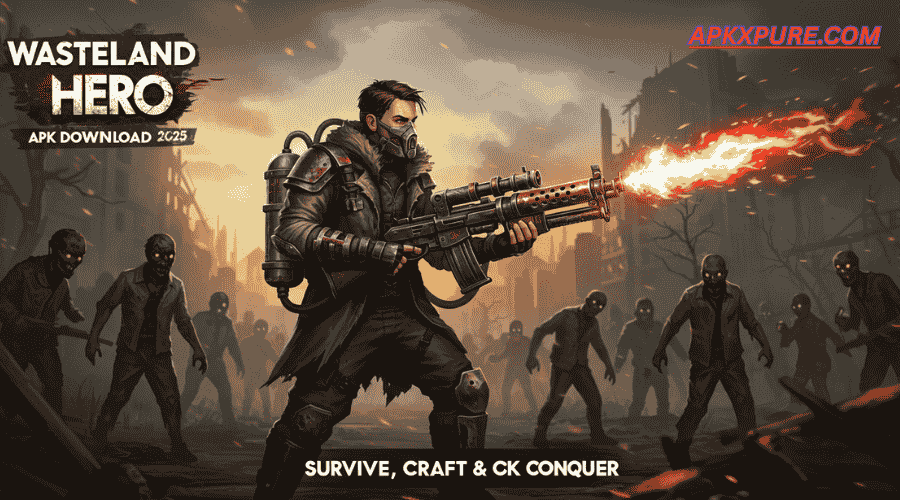 Banner showing Wasteland Hero APK 2025 with a post-apocalyptic background, armed hero, zombie enemies, and text: Download & Survive the Wasteland